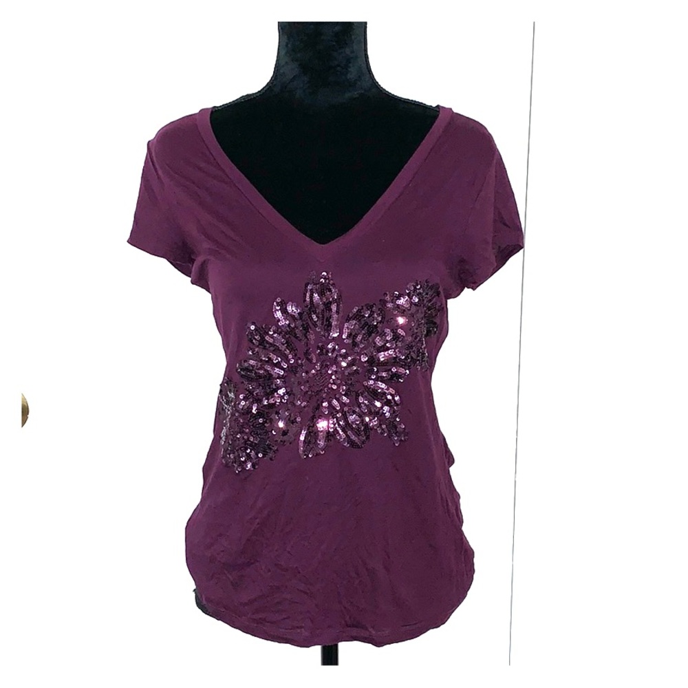 Express purple sequin flower v neck shirt